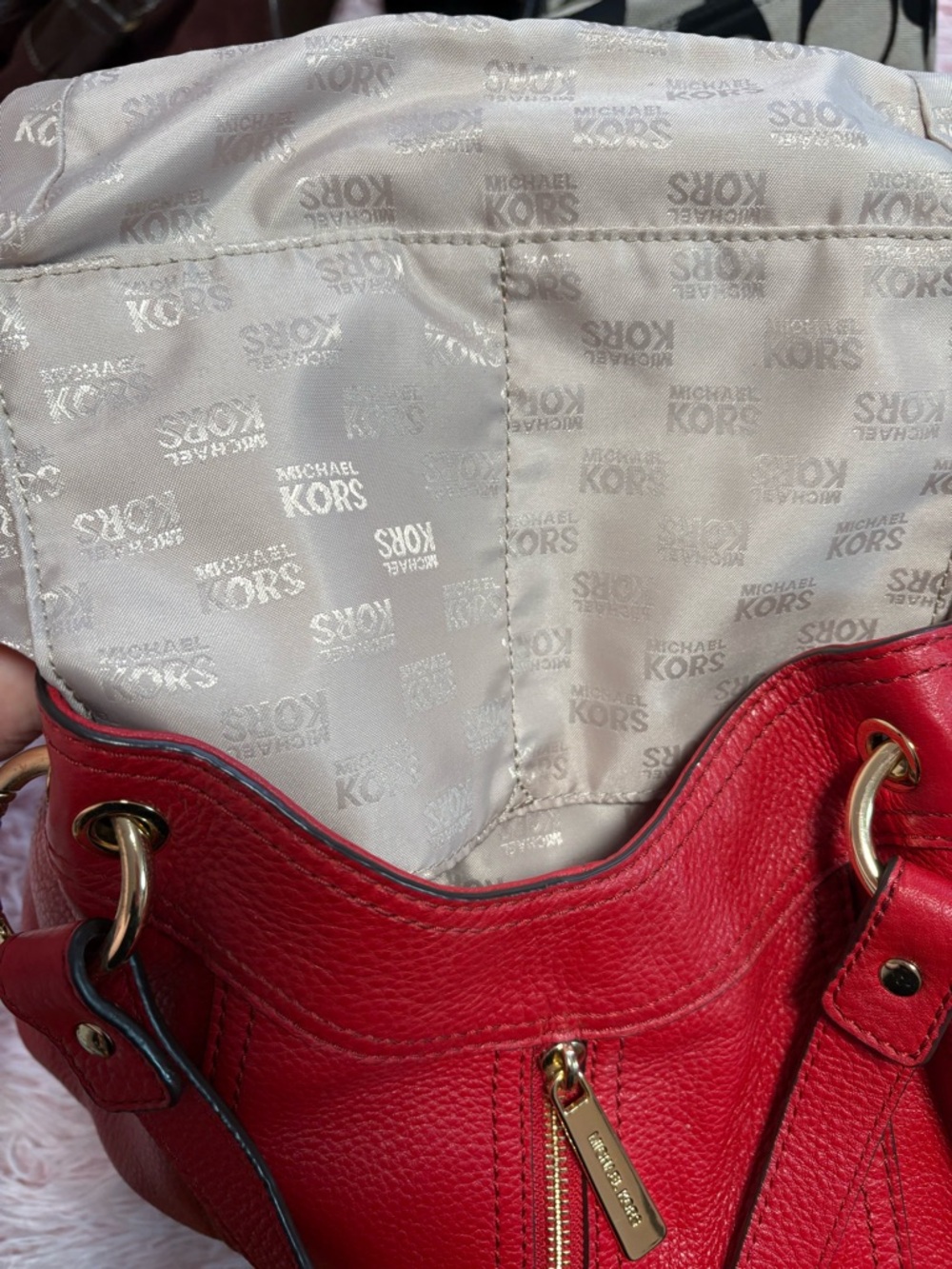 Michael Kors vibrant red Pebbled Leather Shoulder Bag with Gold Accents - Picture 12 of 14